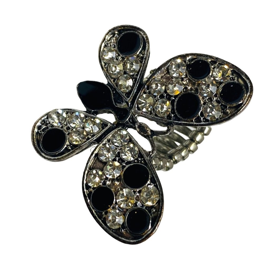 Ring Stretch Butterfly Shape Women Rhinestone Accents Enamel Silver Color Metal - Picture 1 of 16